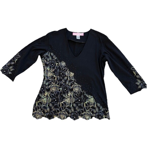Sassy Thai Womens Black Cotton Knit Top with Hand Beading Floral Lace V Neck Lrg - Picture 1 of 6